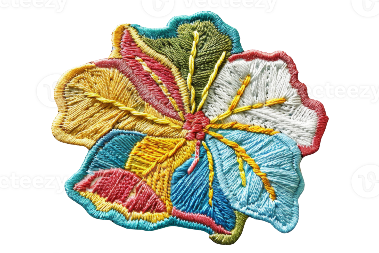 Colorful embroidered flower patch with intricate stitching and vibrant hues, perfect for DIY fashion projects and textile decoration. png