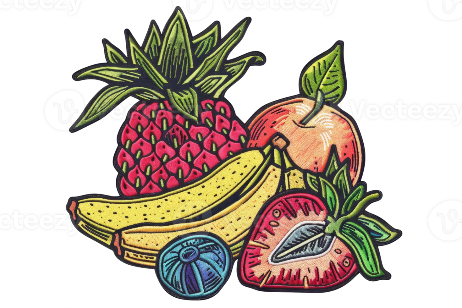 Colorful hand-drawn illustration of various fruits including pineapple, apple, banana, strawberry, and blueberry. png