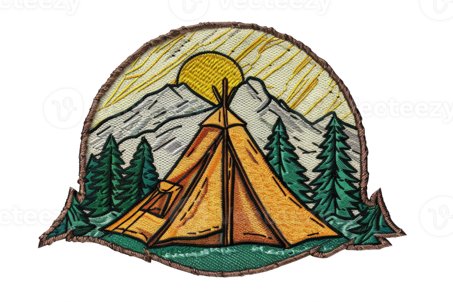 Vintage camping badge featuring a tent in front of mountains and pine trees, with a sun in the background. png