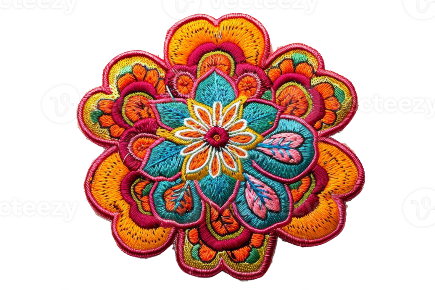 Colorful embroidered floral pattern with intricate details and vibrant colors, ideal for textile design, crafts, and decoration. png