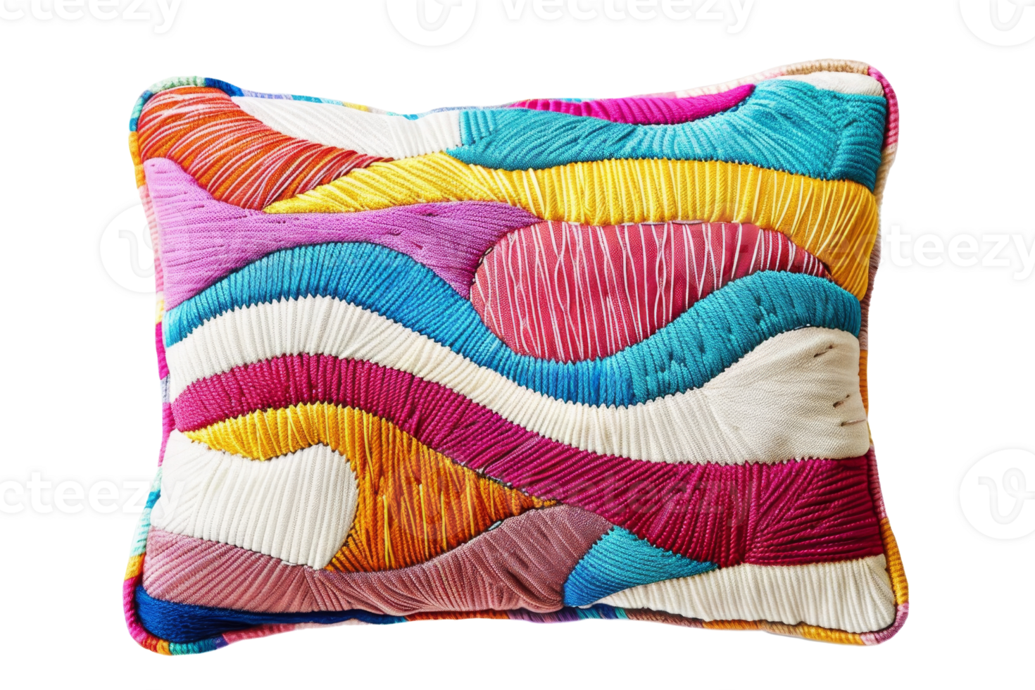 Colorful decorative pillow with vibrant abstract embroidery, perfect for adding a touch of artistic flair to your home decor. png