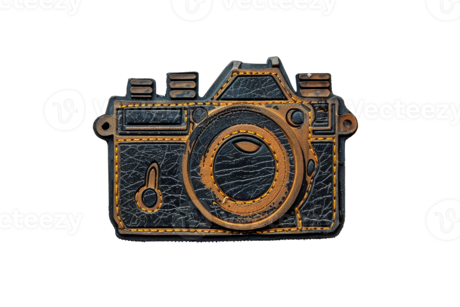 Vintage camera. Unique leather-textured badge designed for photography enthusiasts, featuring an intricate vintage camera illustration. png