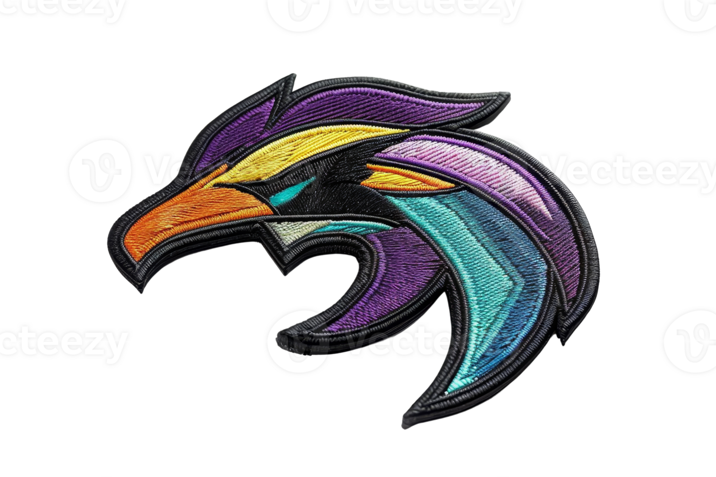 Colorful embroidered bird patch with vibrant shades of purple, yellow, and blue on a black background, perfect for apparel decoration. png