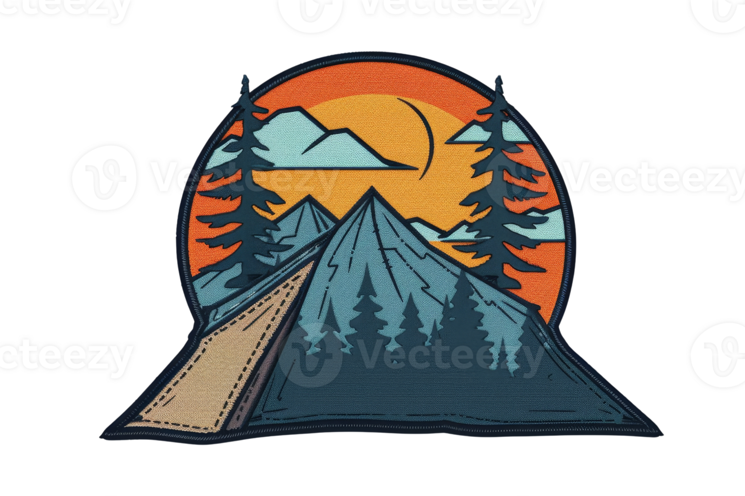 Vintage mountain and forest sunset illustration with a hiking trail through pine trees, evoking adventure and nature exploration. png
