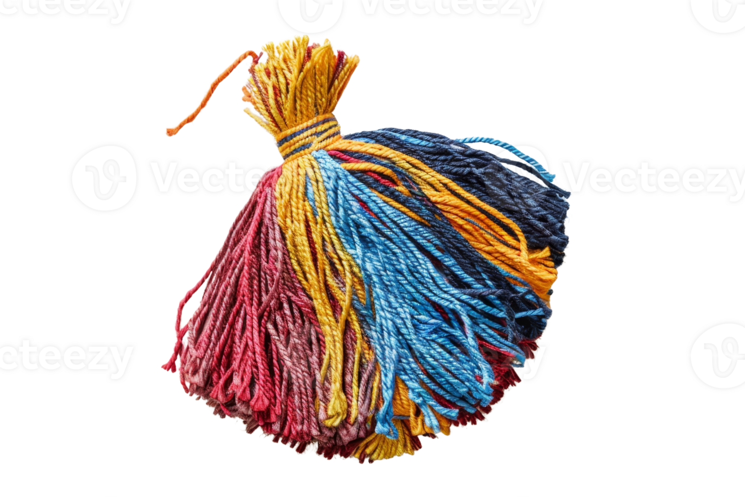 Colorful bundle of variously dyed yarn strands, featuring blue, yellow, and red hues, perfect for DIY and craft projects. png