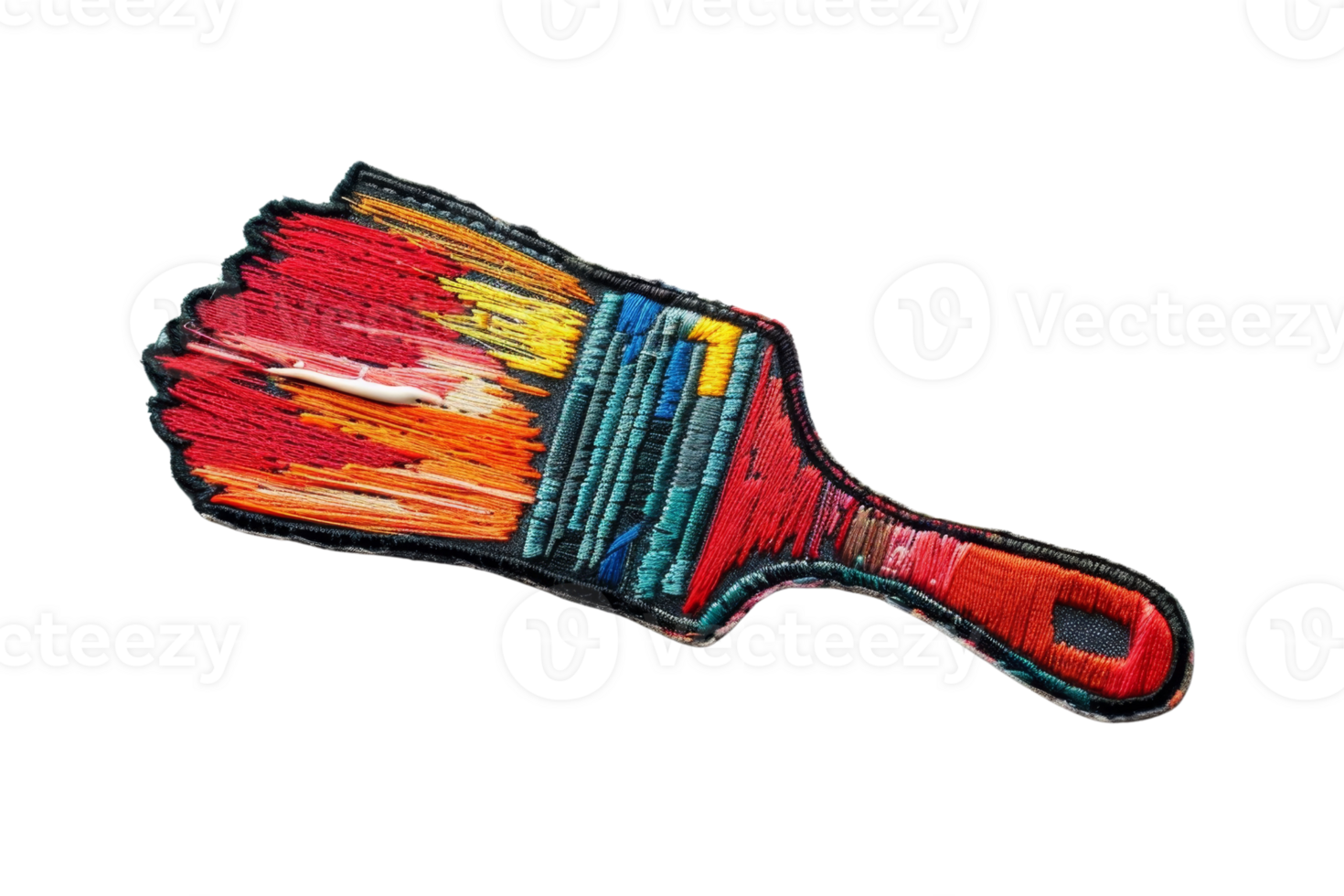 Close-up of a colorful embroidered paintbrush with vibrant threads and intricate stitching, isolated on a transparent background. png