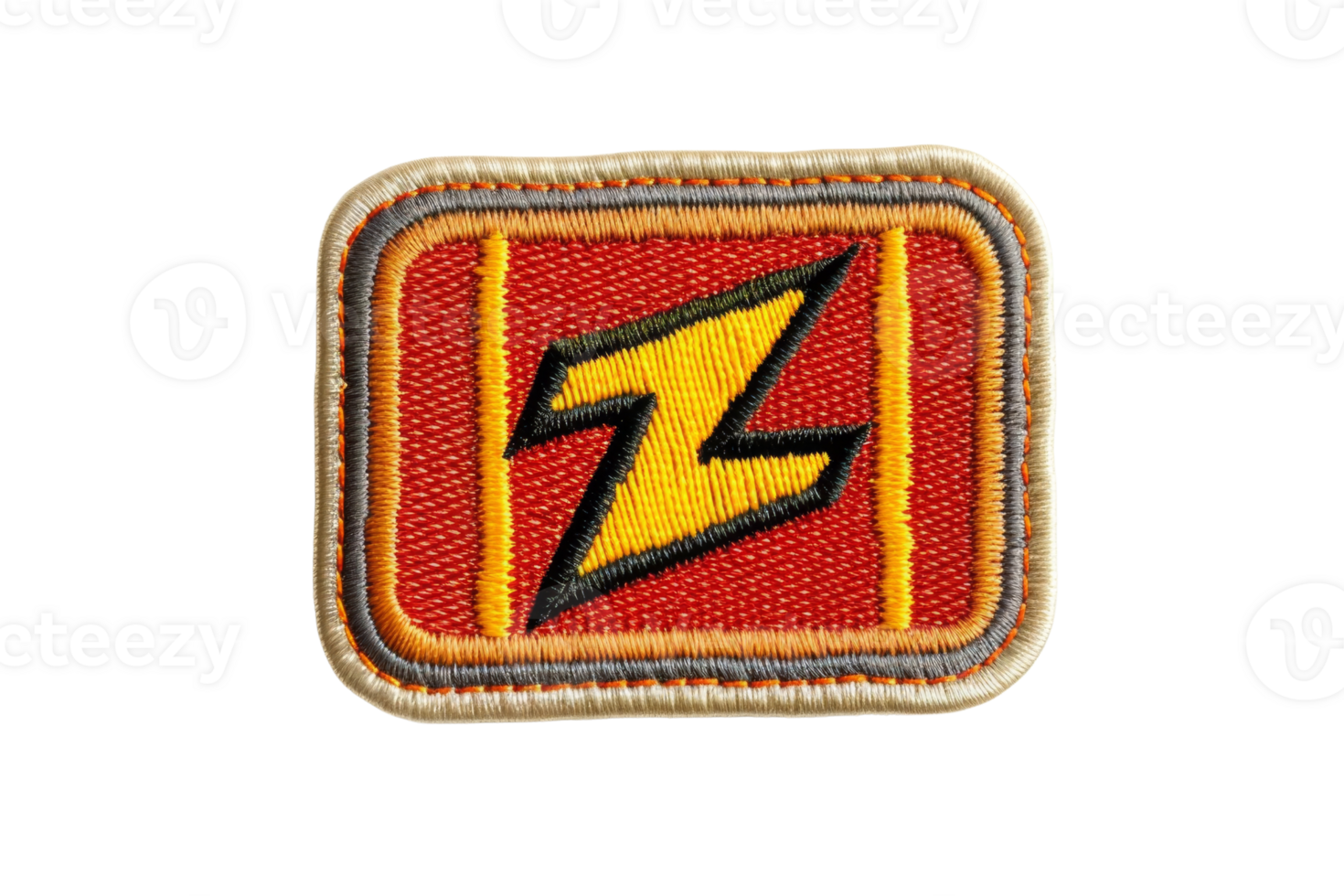 Rectangular orange and yellow embroidered badge with a bold black and yellow Z symbol, isolated on transparent background. png