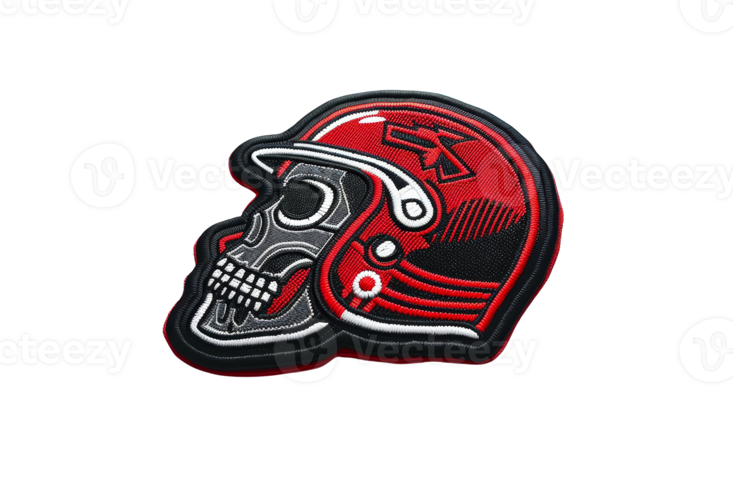Vibrant graphic of a skull wearing a red motorcycle helmet with intricate detailing, perfect for biker-themed designs and merchandise. png