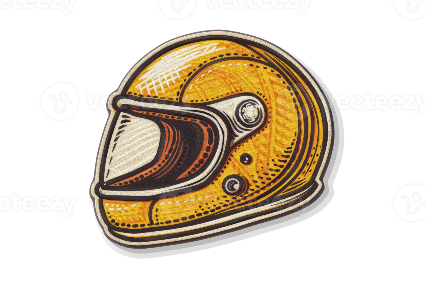 Vintage yellow motorcycle helmet digital illustration with intricate details, ideal for design projects, posters, and apparel. png