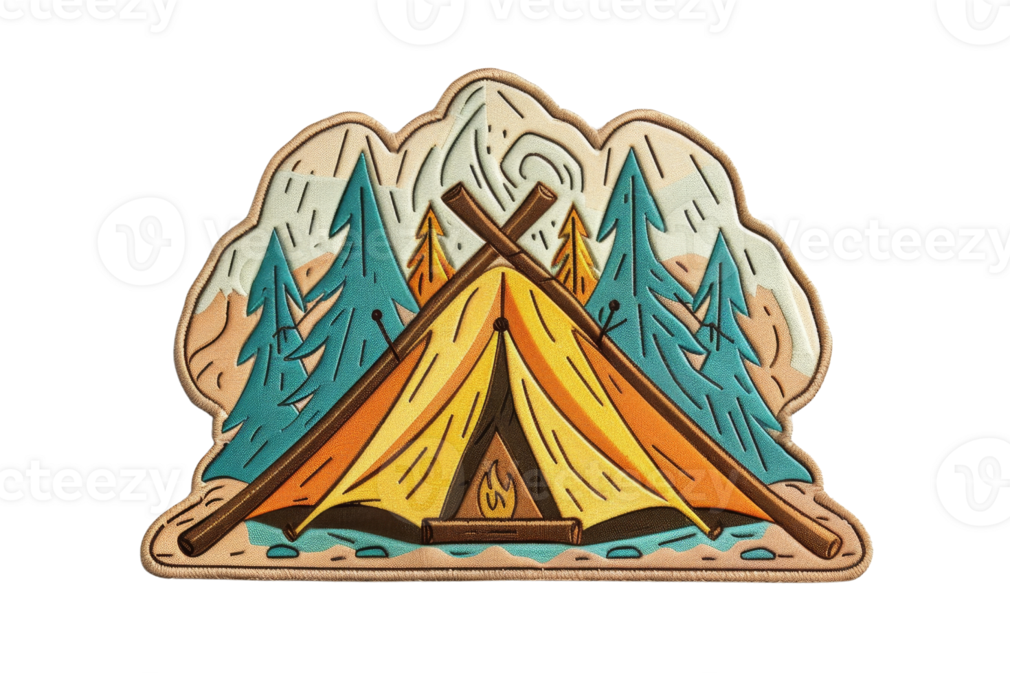 Illustrative drawing of a tent in the woods with mountains in the background, symbolizing adventure, camping, and outdoor exploration. png