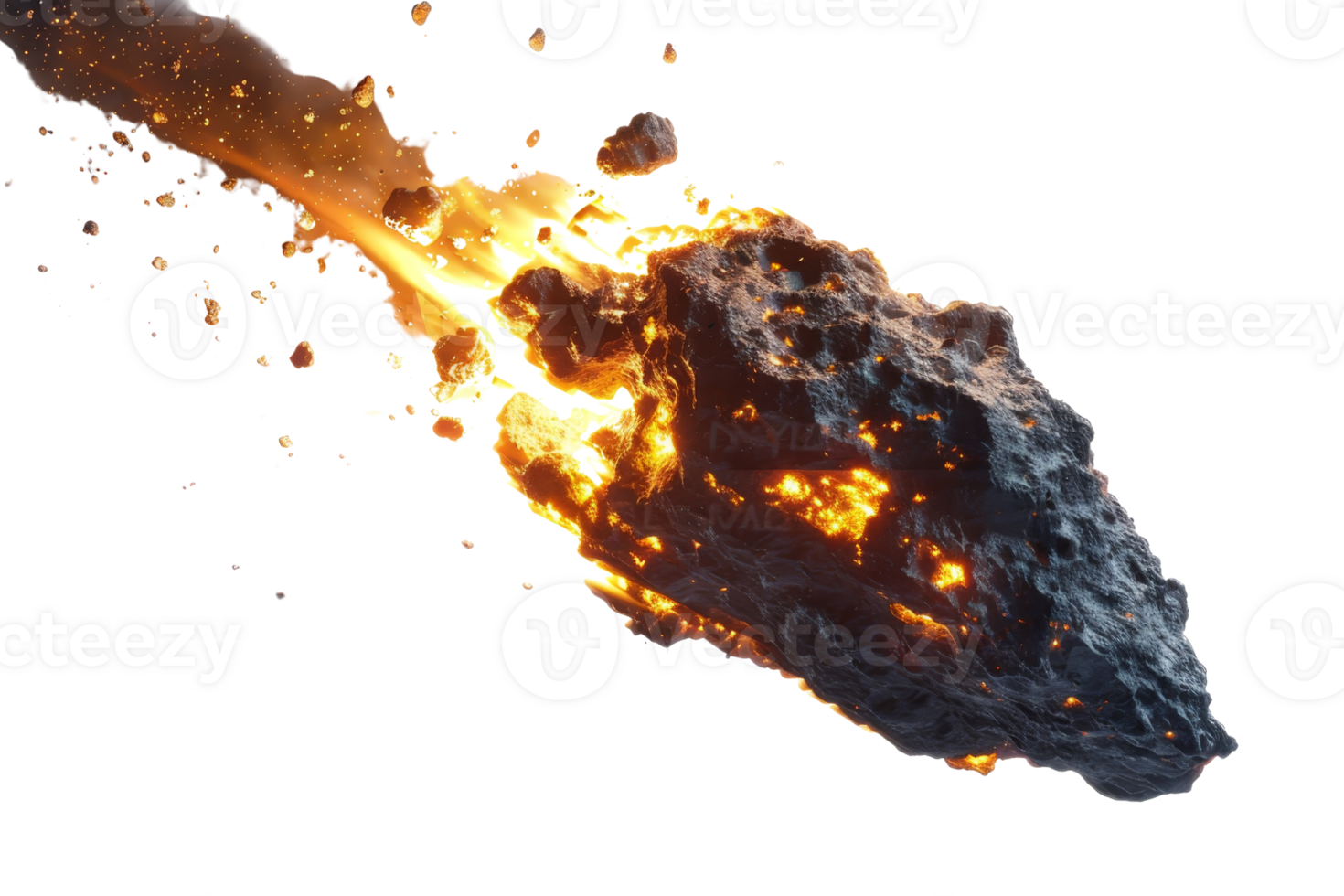 A fiery meteor streaking through space with trailing flames and glowing embers, isolated on a transparent background. png
