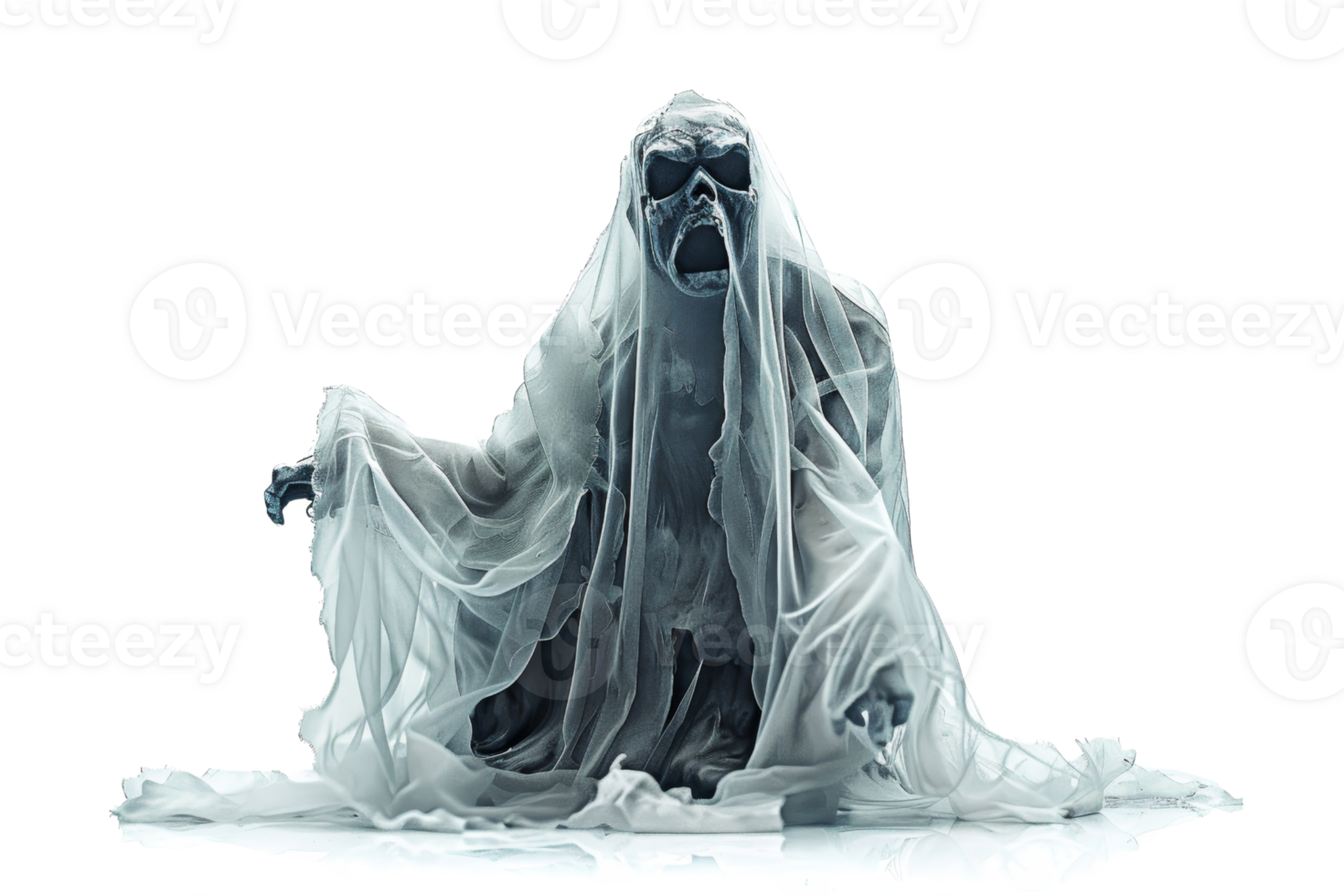 A ghostly figure in a frightening pose, draped in white cloth, evoking a sense of horror and mystery against a transparent background. png