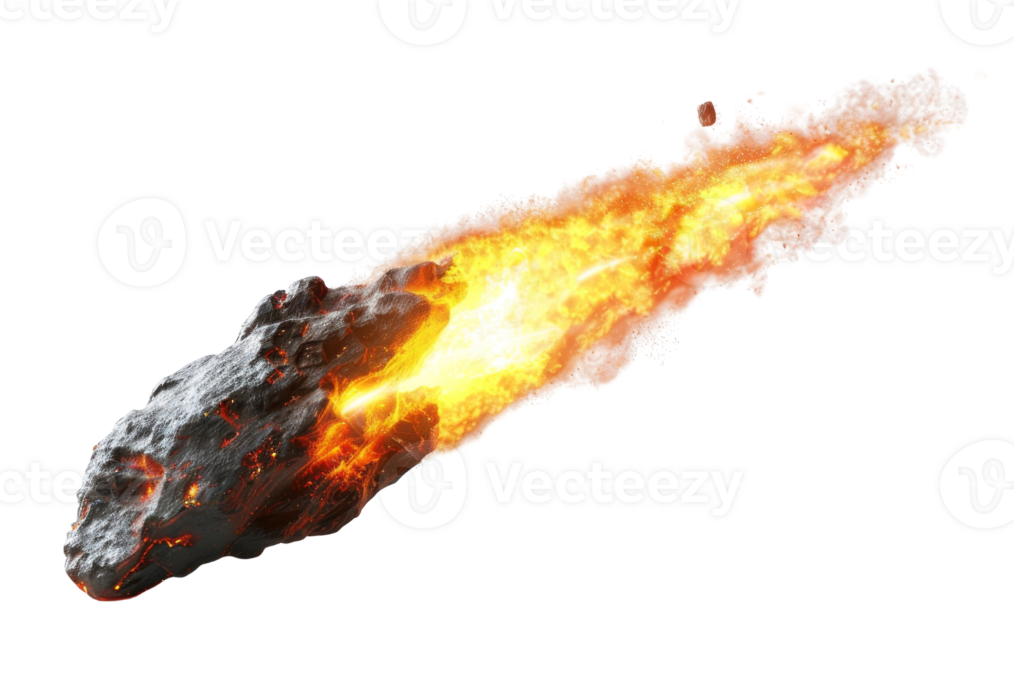 A fiery meteorite streaks through the sky emitting bright flames and sparks. Perfect for illustrating space, astronomy, or natural phenomena. png