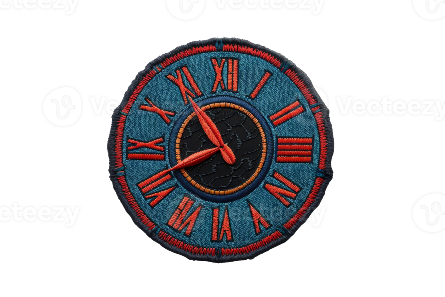 Vintage clock face with Roman numerals and dark blue and red color scheme, showcasing intricate details and timeless design. png