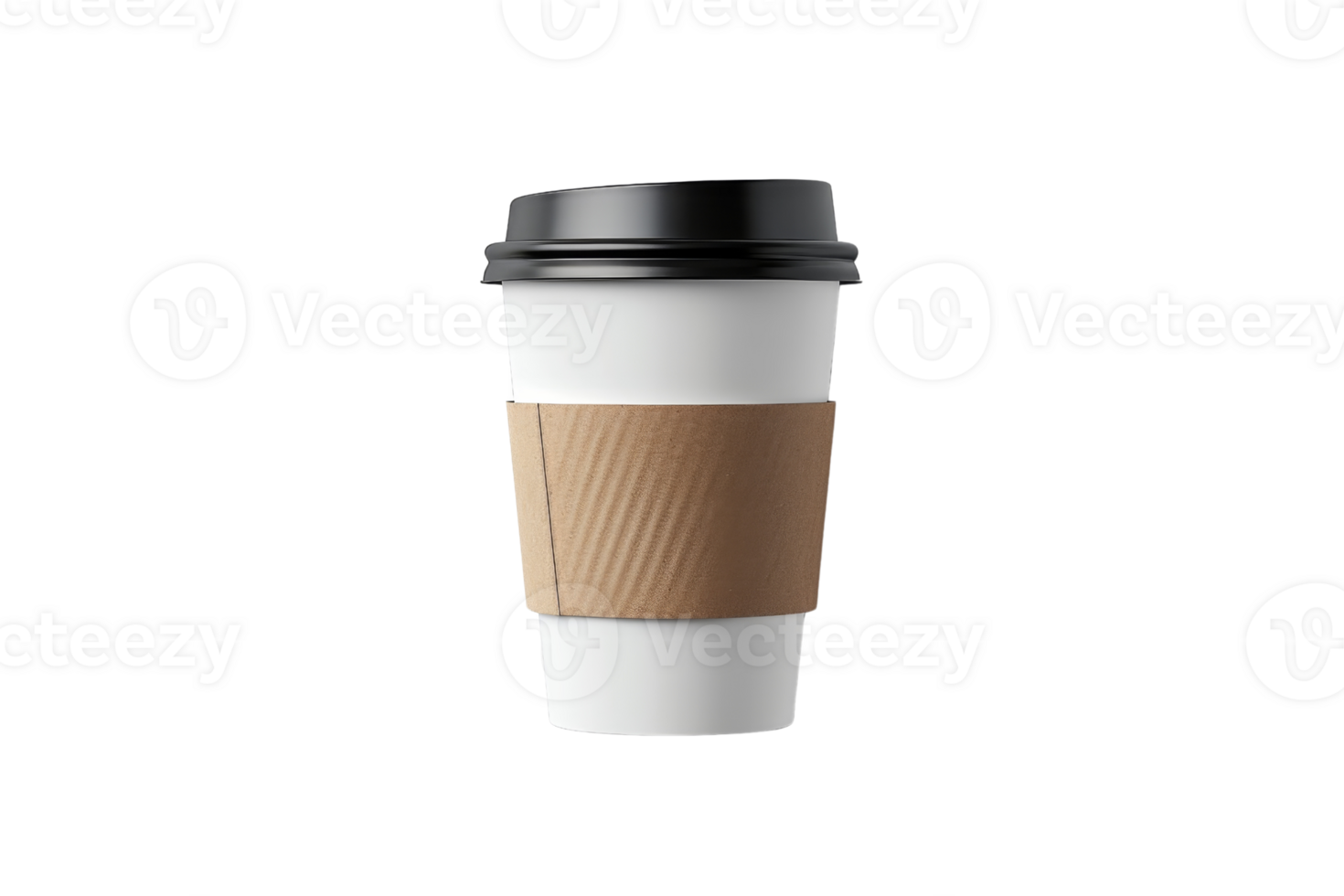 Disposable coffee cup with a brown sleeve and black lid, isolated on transparent background. ideal for branding and marketing. png