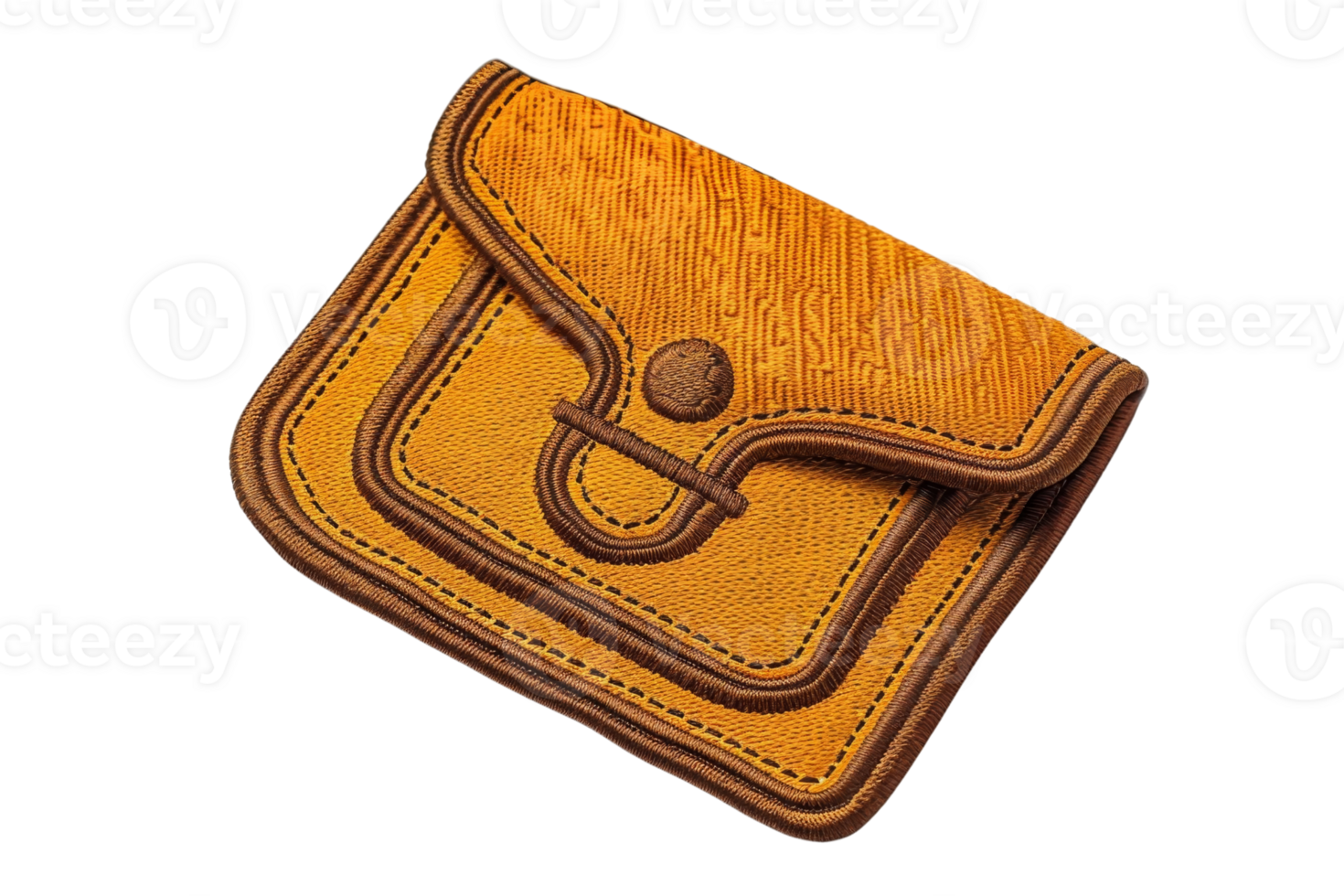 Vintage handmade leather wallet with intricate stitching and button closure, showcasing craftsmanship and timeless design. png