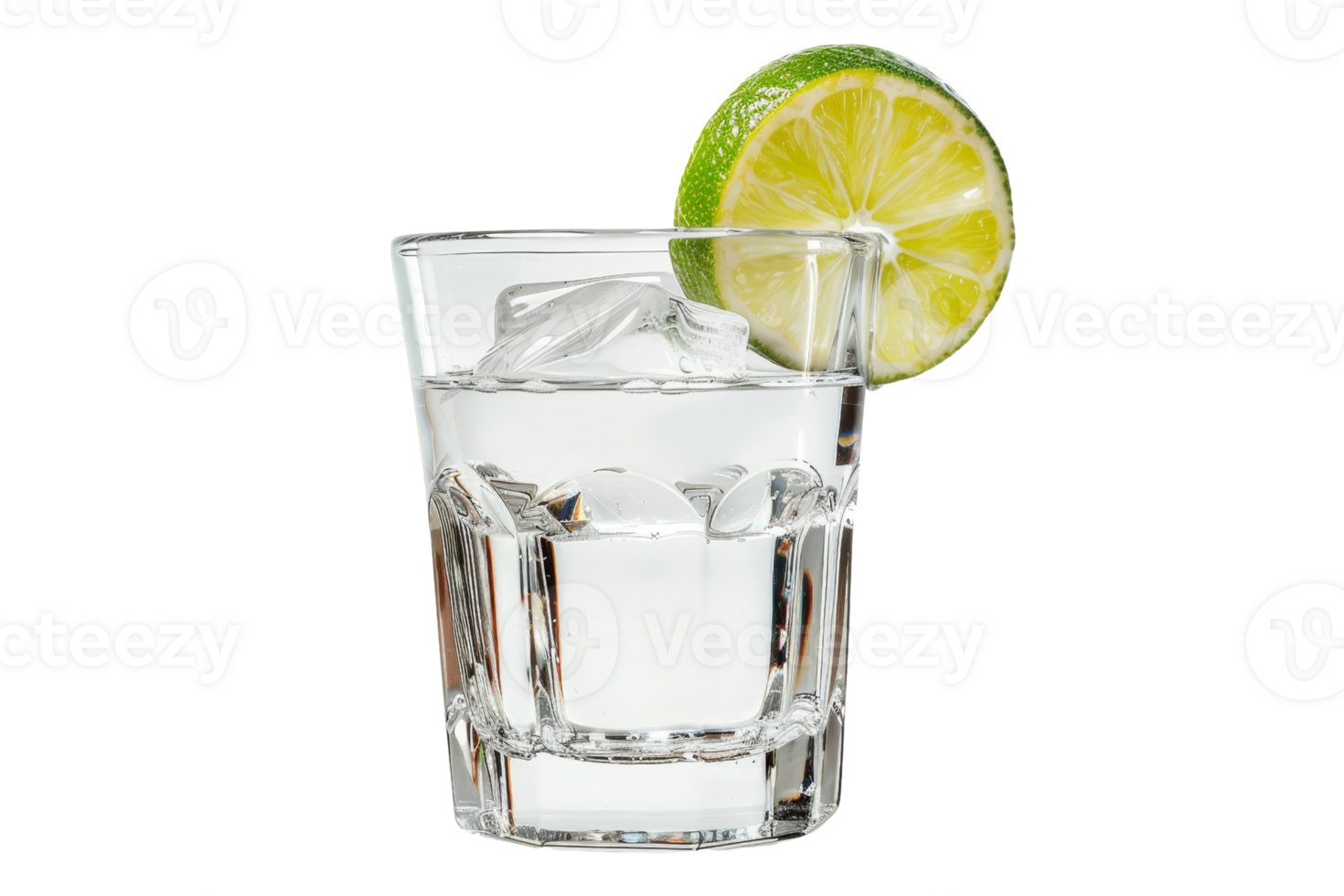 Close-up of a clear glass with ice cubes and a fresh lime slice. A refreshing and cool drink perfect for hot summer days. png