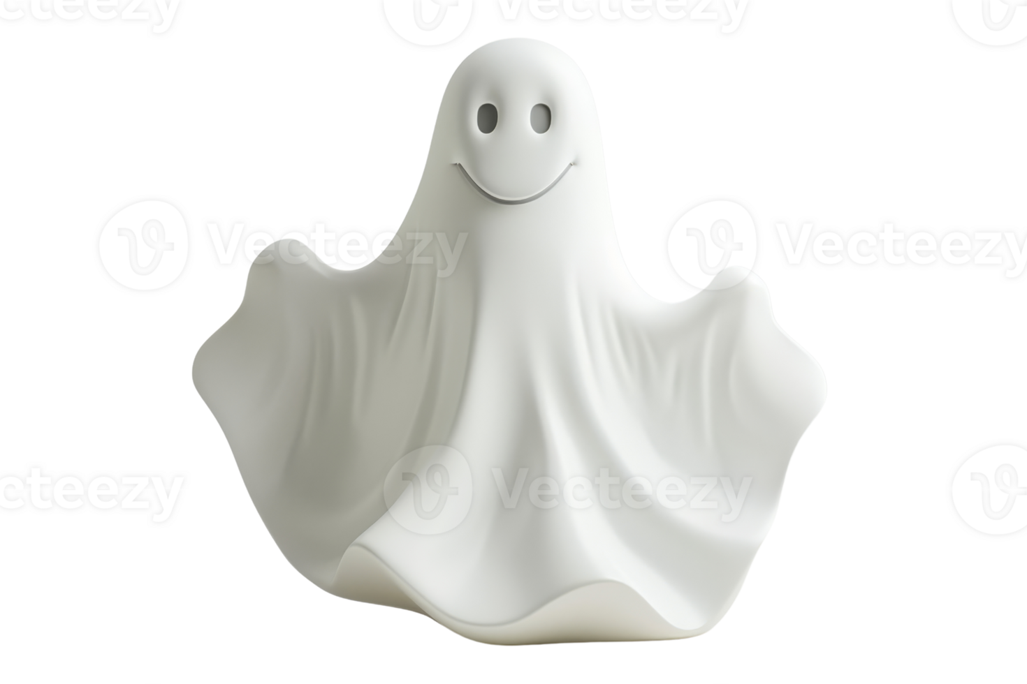 Cheerful white ghost decoration with a smiling face, perfect for Halloween or spooky-themed events, isolated on a transparent background. png