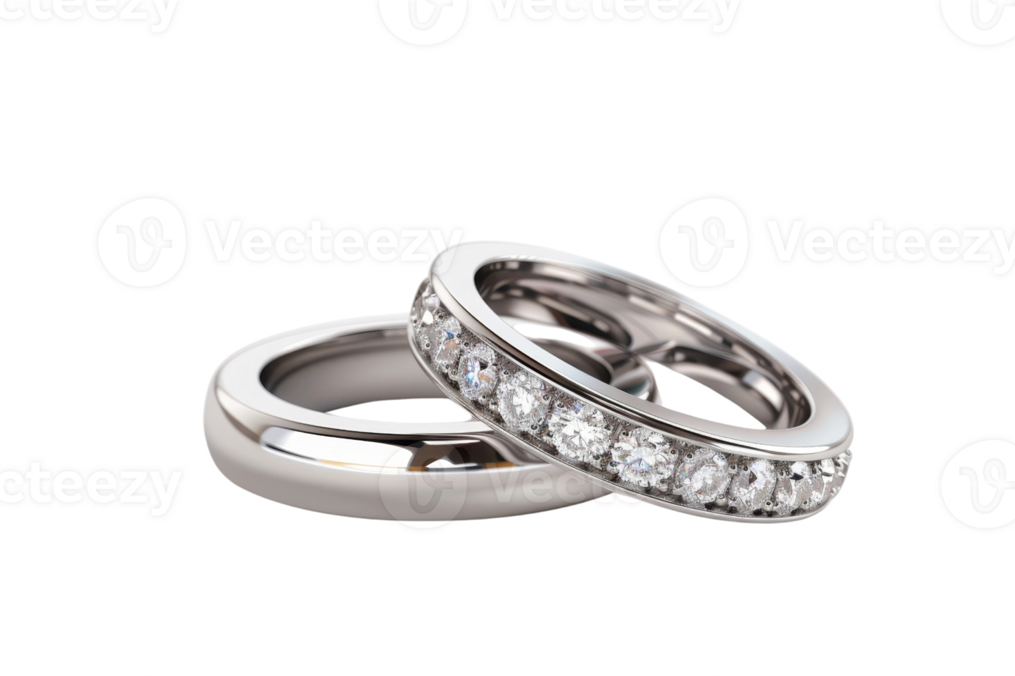 Close-up of two elegant silver wedding rings, one adorned with sparkling diamonds, isolated on a transparent background. png