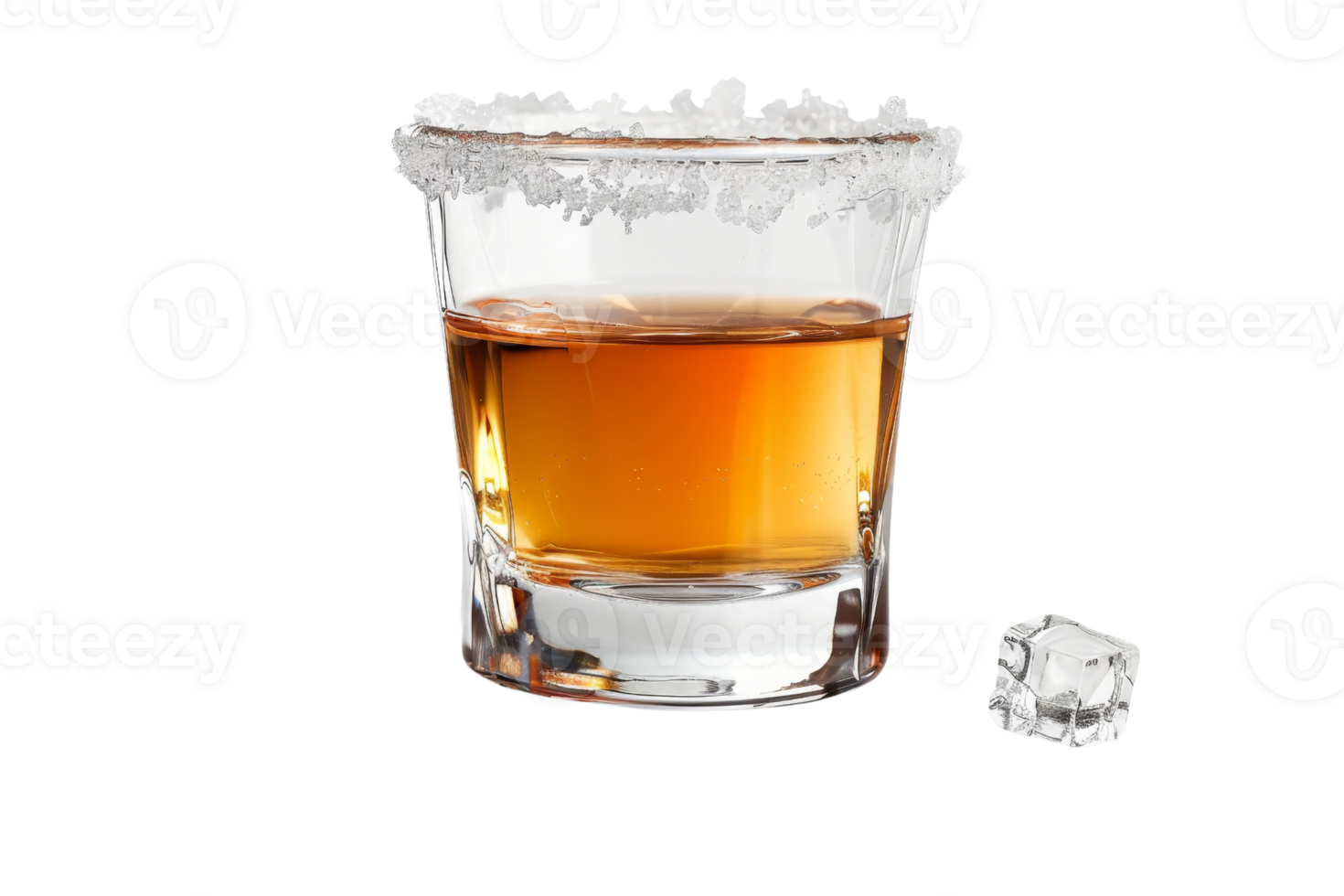 Single shot of whiskey or bourbon in a glass with a salt rim, accompanied by an ice cube on a transparent background. png