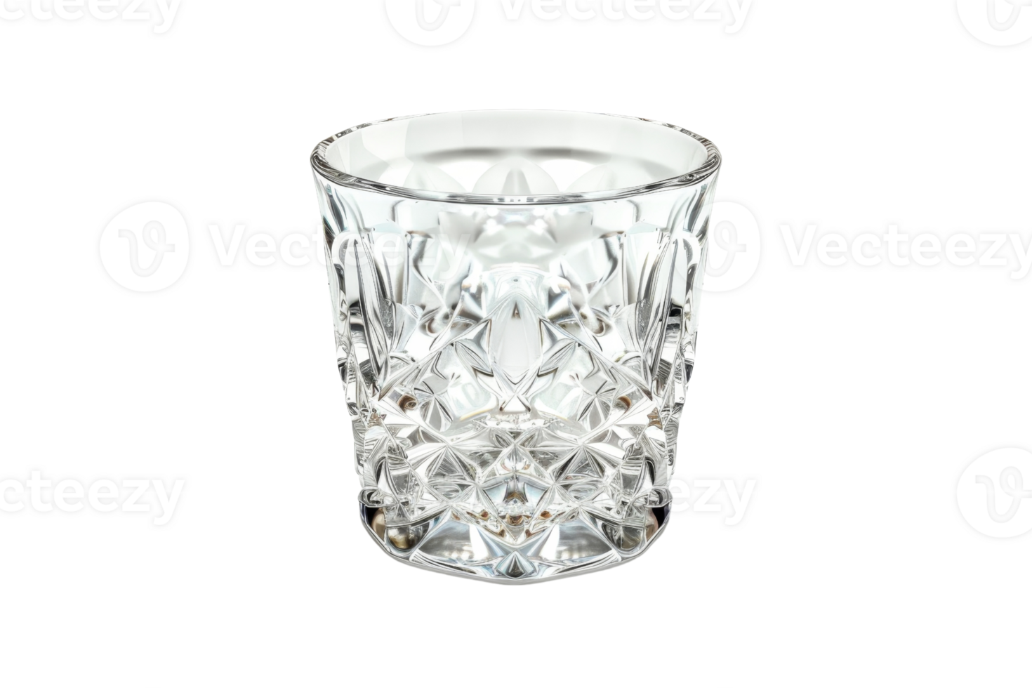 A clear, patterned glass tumbler ideal for serving whiskey. The intricate design adds elegance, making it perfect for formal or casual occasions. png