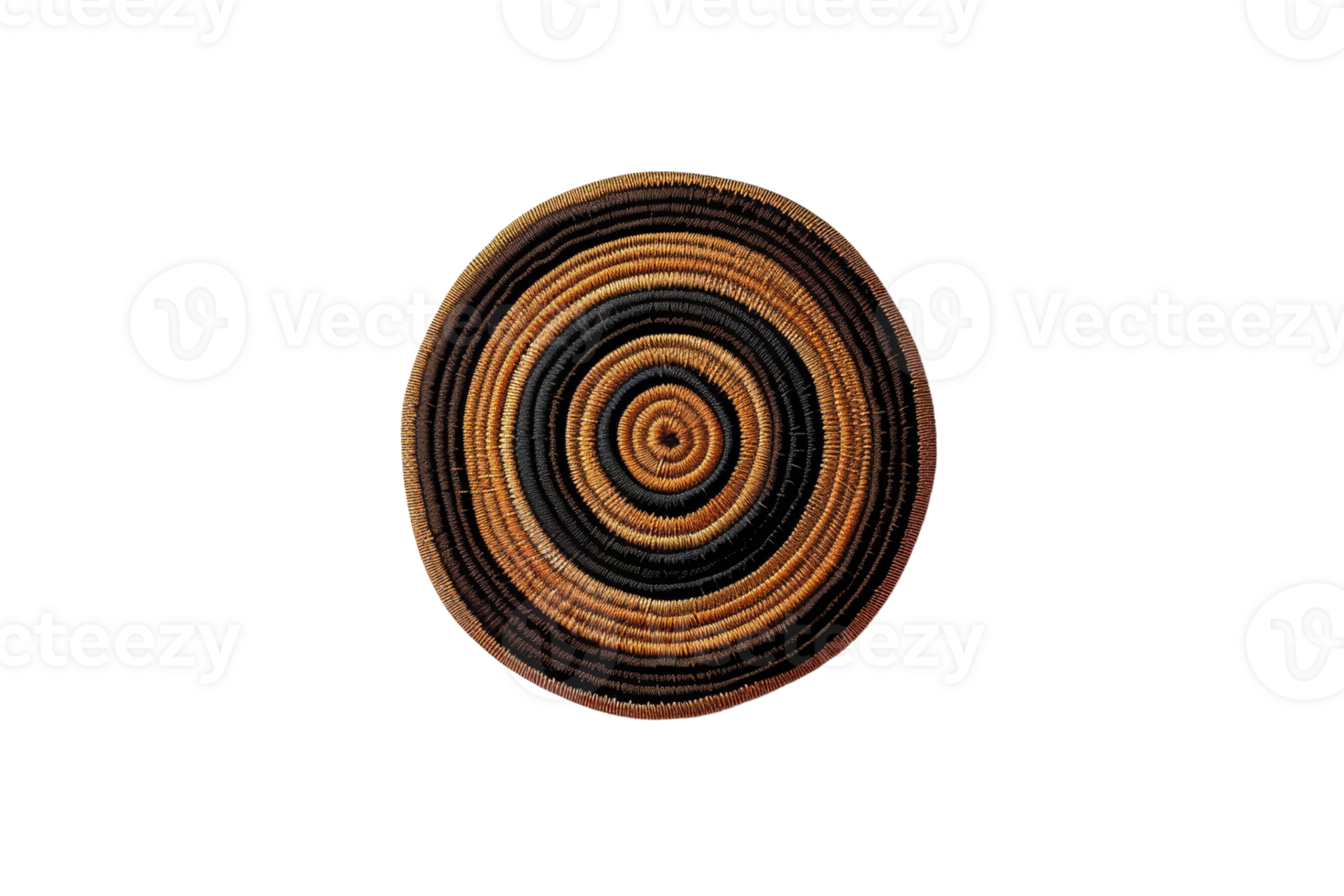Handwoven circular basket with intricate black and brown patterns, isolated on a transparent background. png