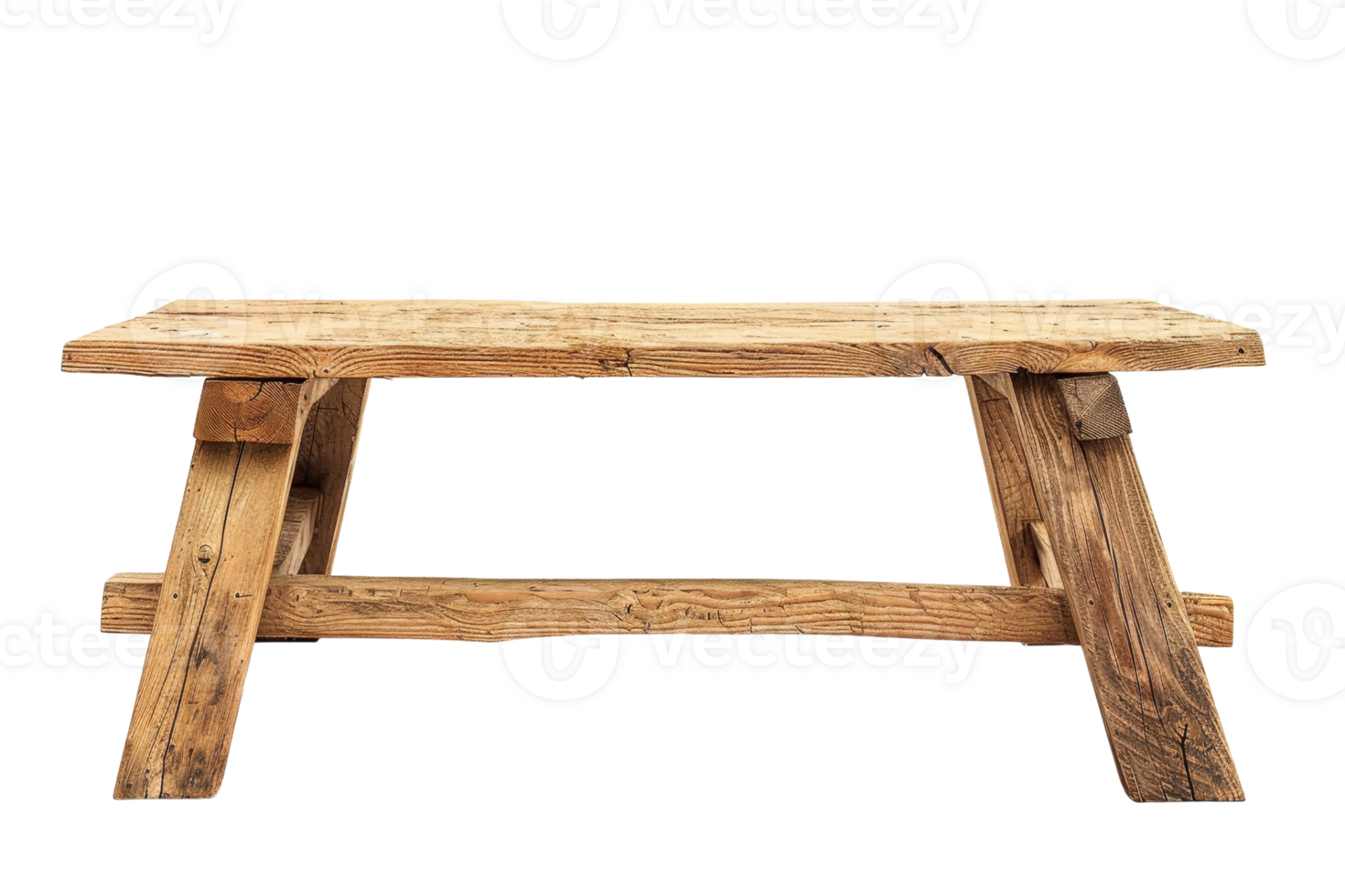 Rustic wooden table with a textured surface and sturdy legs, perfect for dining, studying, or as a decorative piece in any interior space. png