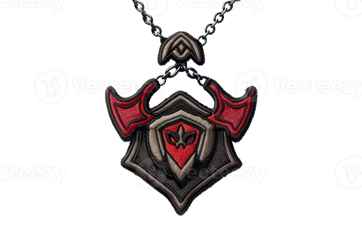Close-up of a fantasy-themed pendant with red and black design elements, featuring an intricate emblem, ideal for jewelry and accessory themes. png