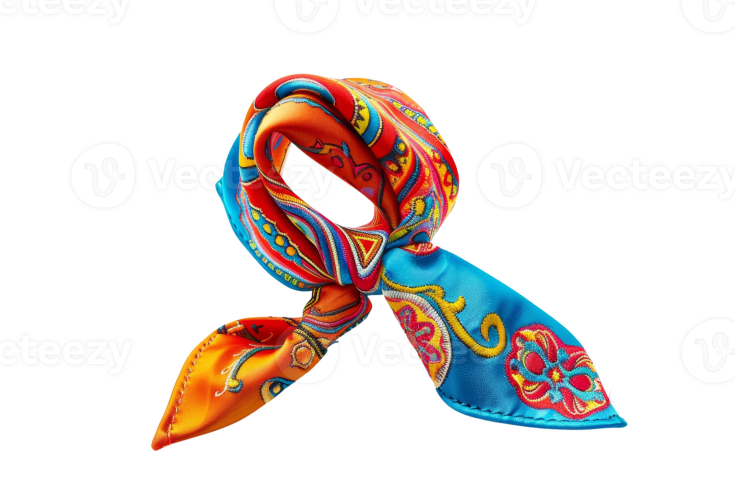 Vibrant, colorful silk scarf with intricate patterns, ideal for fashion accessory, enhancing outfits with a touch of elegance and style. png