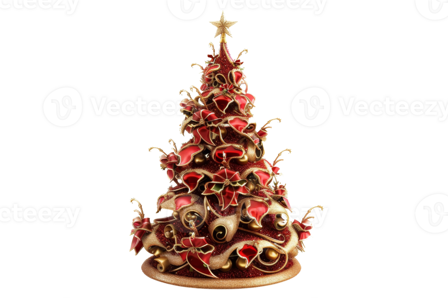 An intricately decorated Christmas tree adorned with red poinsettias and gold ornaments, capturing the festive holiday spirit. png