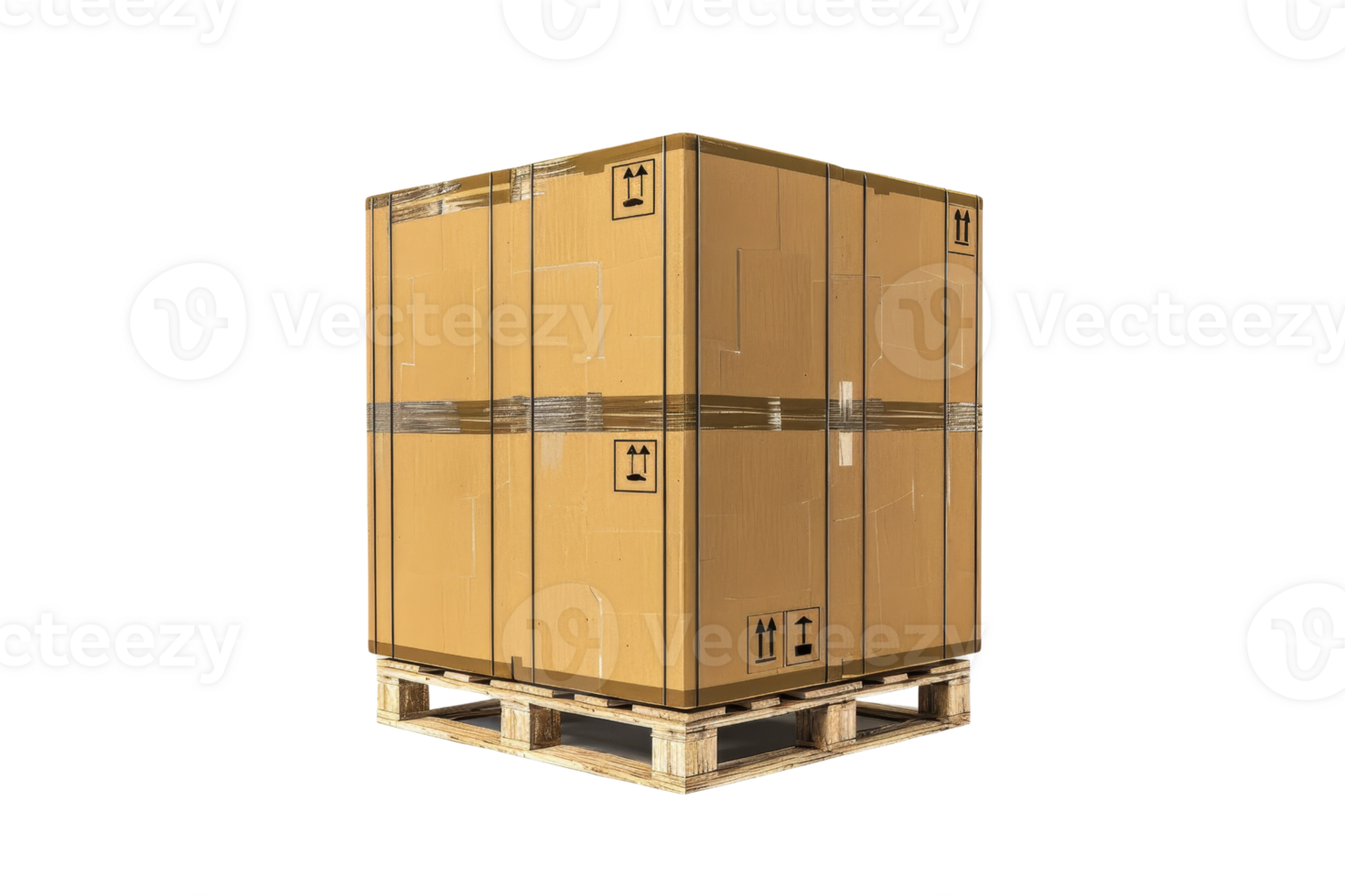 Large sealed cardboard box on wooden pallet ready for shipping or storage, isolated on a transparent background. png
