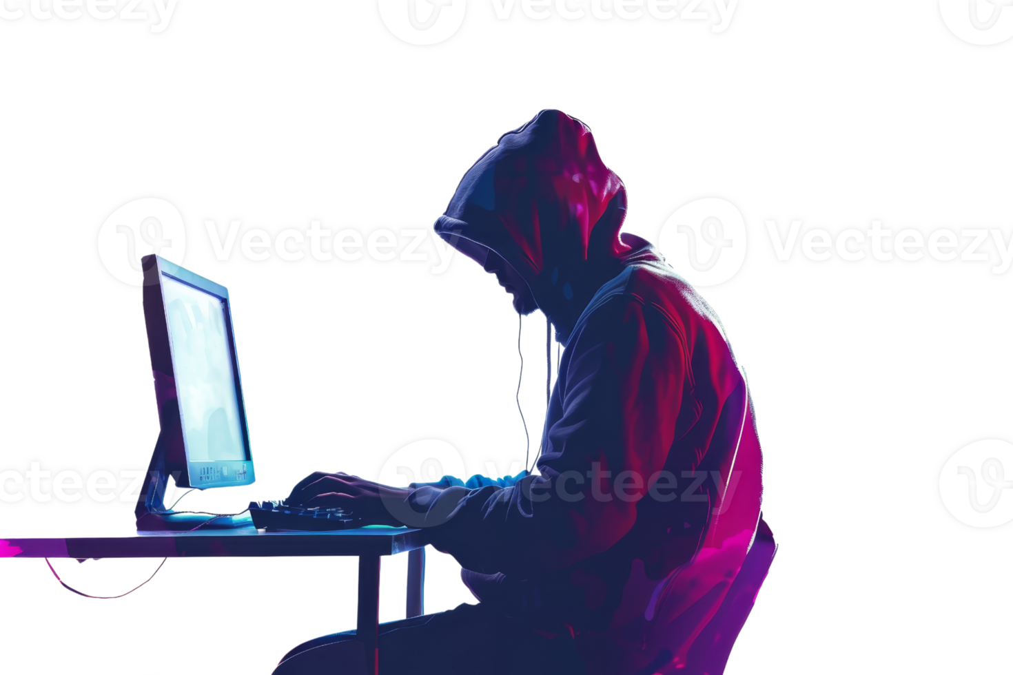 Hooded hacker in dark room working on laptop. Cybersecurity threat and data protection. Neon lights creating dramatic, tense atmosphere. png