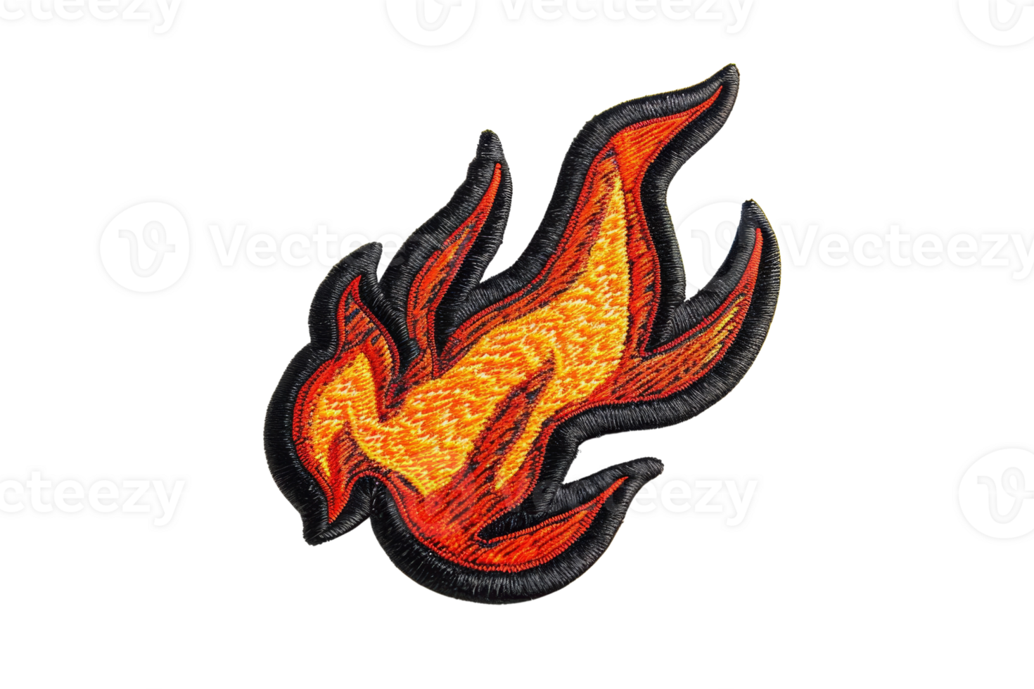 Embroidered flame patch with vibrant orange and red colors. Ideal for customizing jackets, bags, or hats. High-quality craftsmanship. png