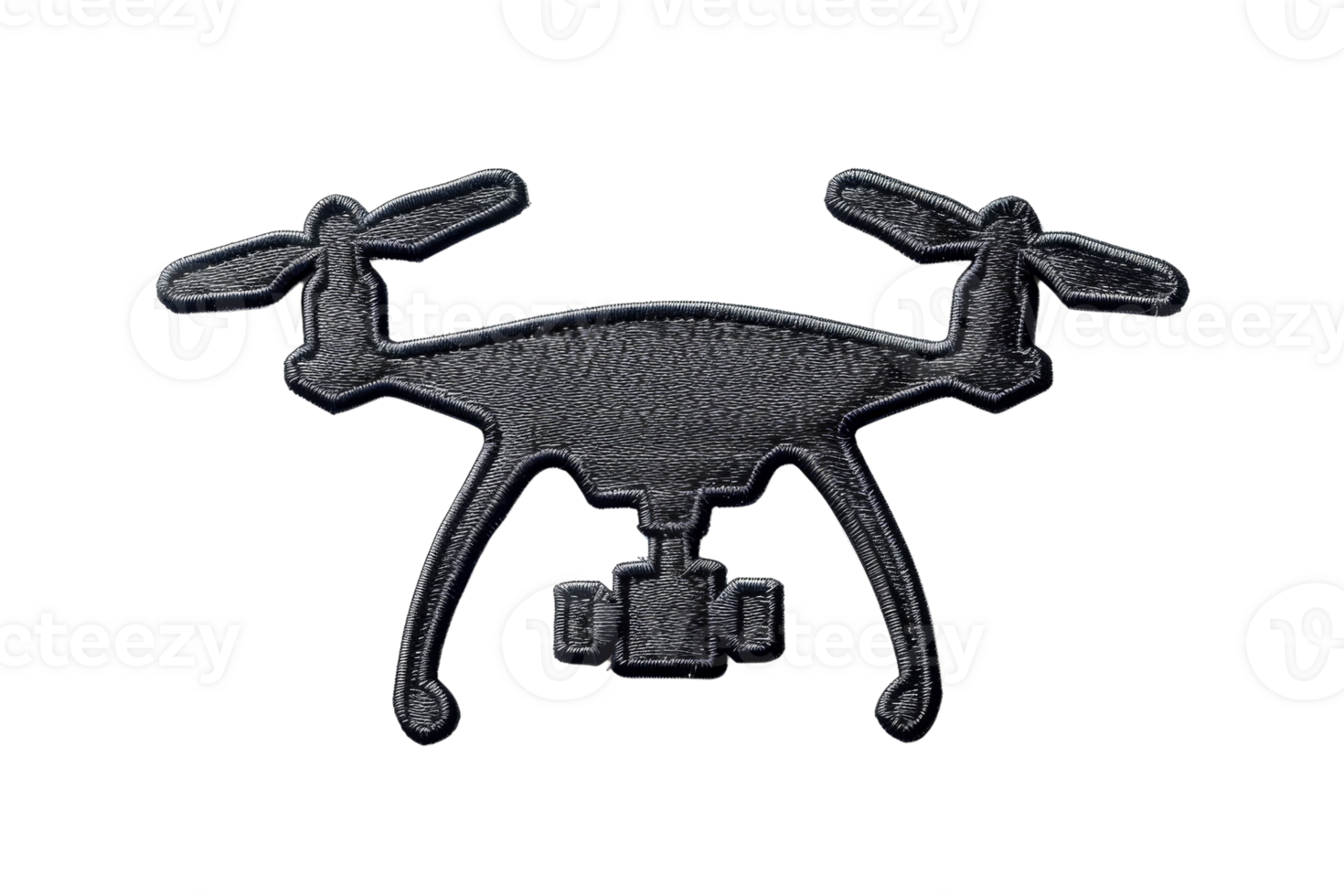 Black and white illustration of a quadcopter drone with camera attachment, isolated on a transparent background. png
