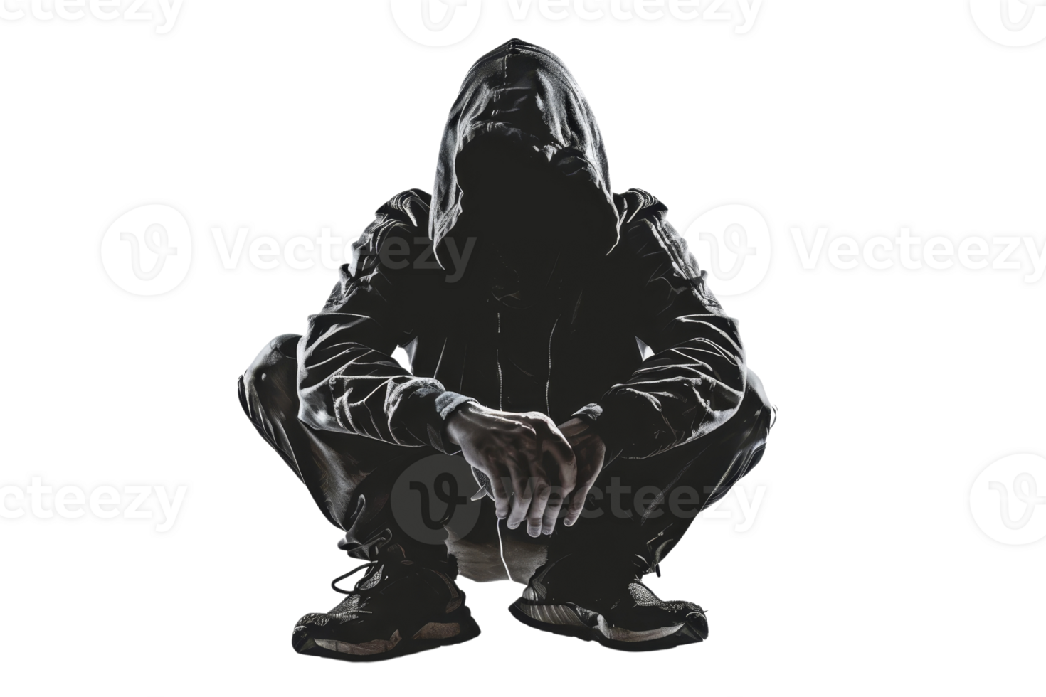 Mysterious figure in a hoodie squatting. Dark, urban street style. Shadowy and anonymous appearance. png