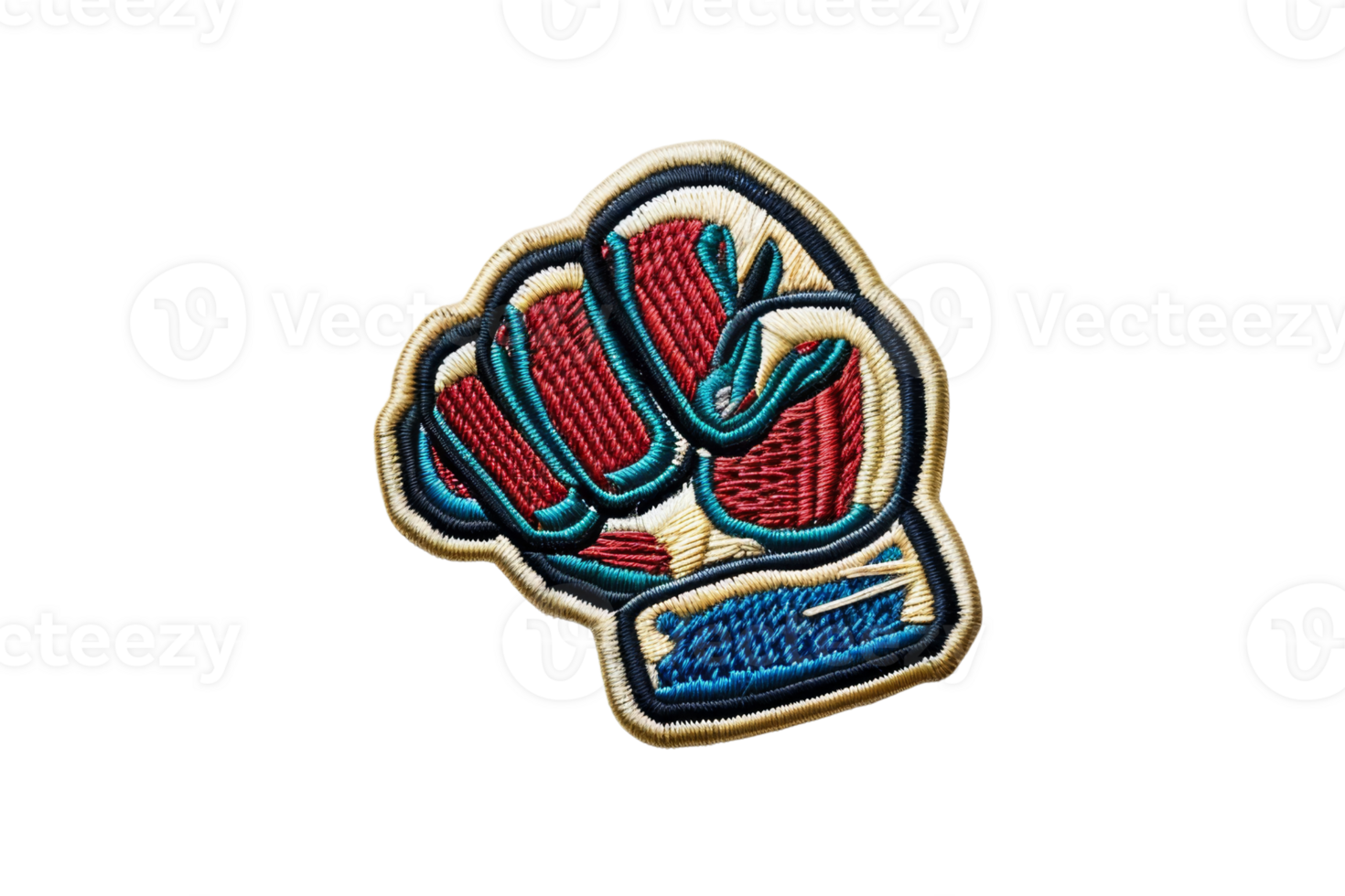 Colorful embroidered fist symbol patch on transparent background, representing strength, power, and unity in a vivid design. png