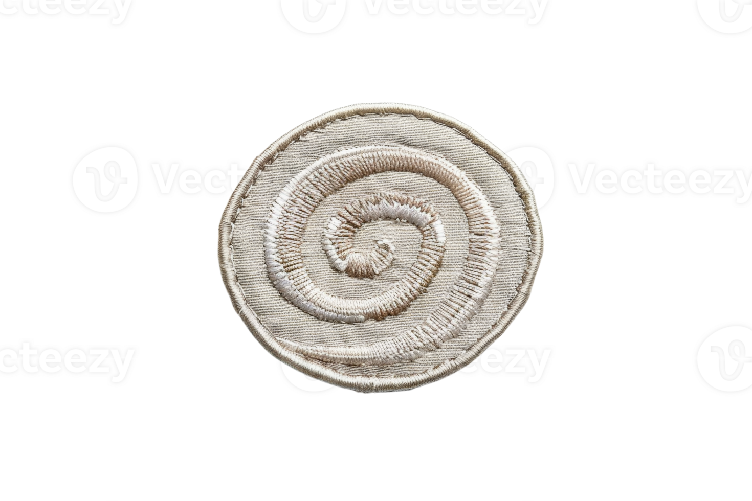 Close-up of a white embroidered spiral design on a textured fabric circle, isolated on a transparent background. png