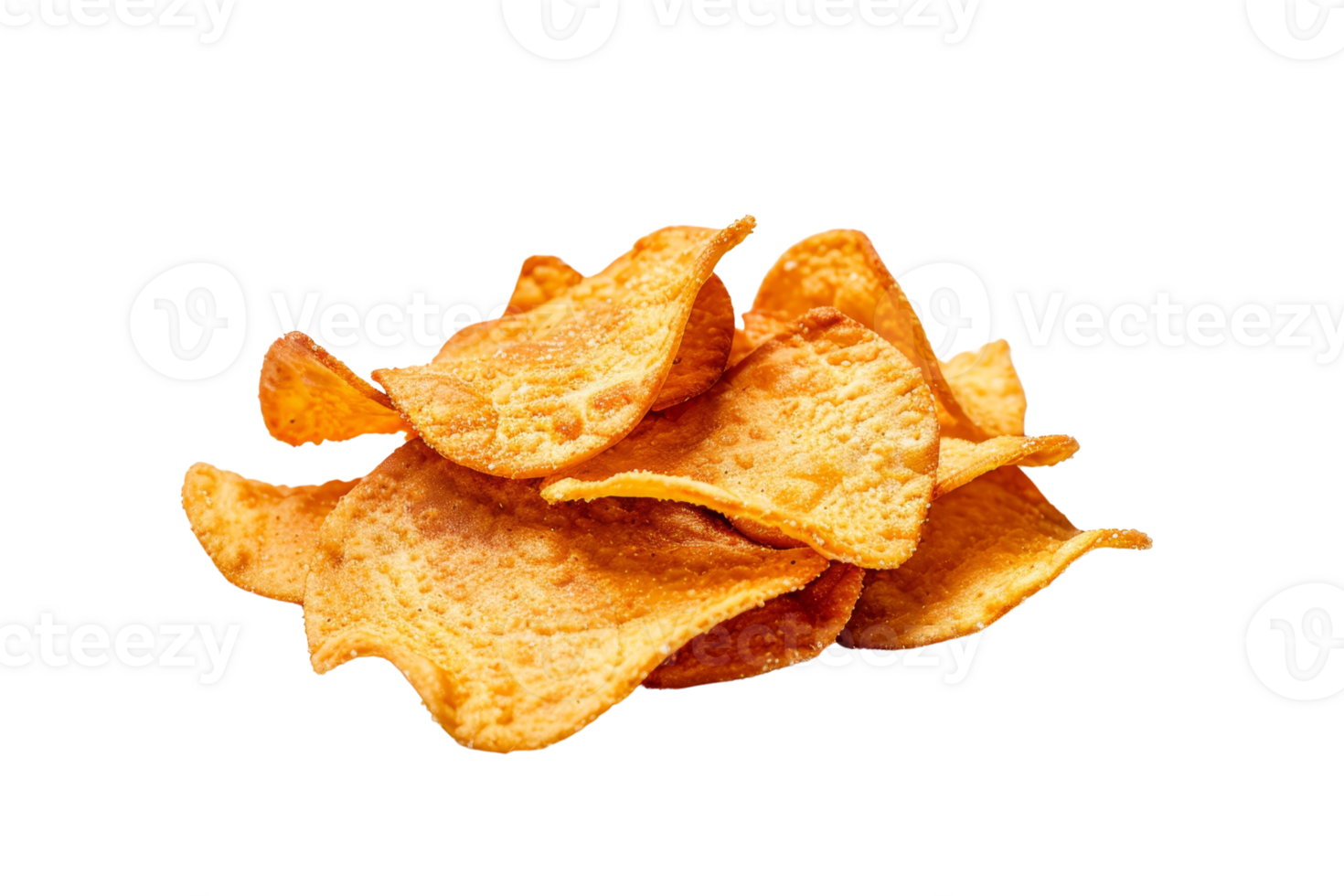 Close-up of a pile of crispy golden potato chips, perfect for snack and food-related themes. Isolated on a transparent background. png