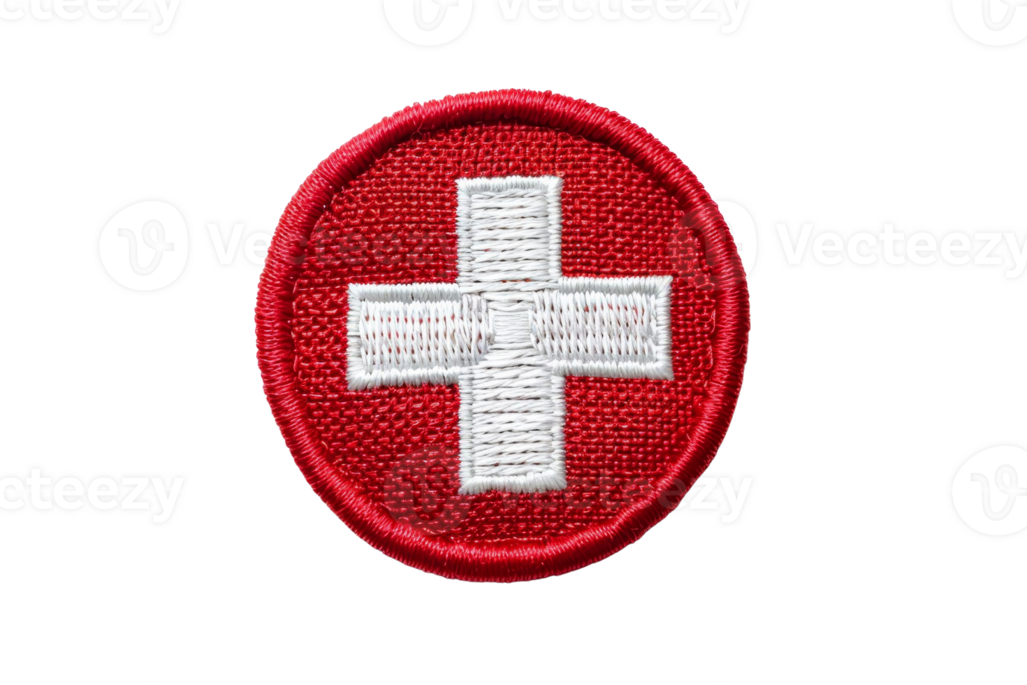 Swiss flag patch isolated on transparent background. Red circle badge with white cross symbol for national identity and travel. Embroidered design. png