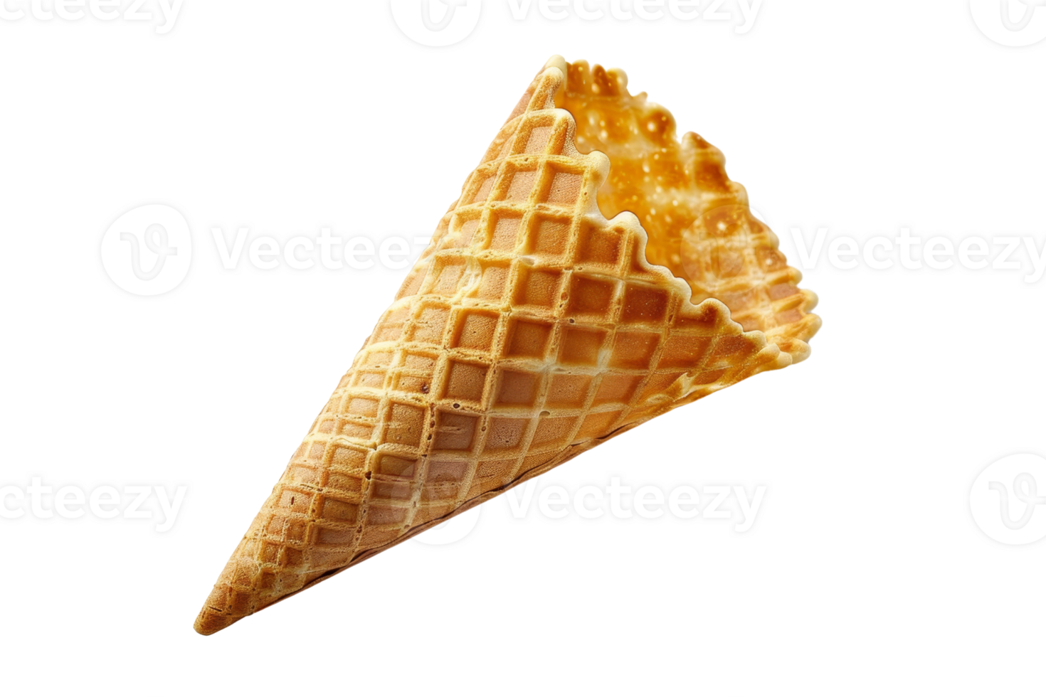 Close-up shot of an empty waffle ice cream cone on a transparent background. Perfect for dessert, ice cream parlors, and confectionery-related themes. png