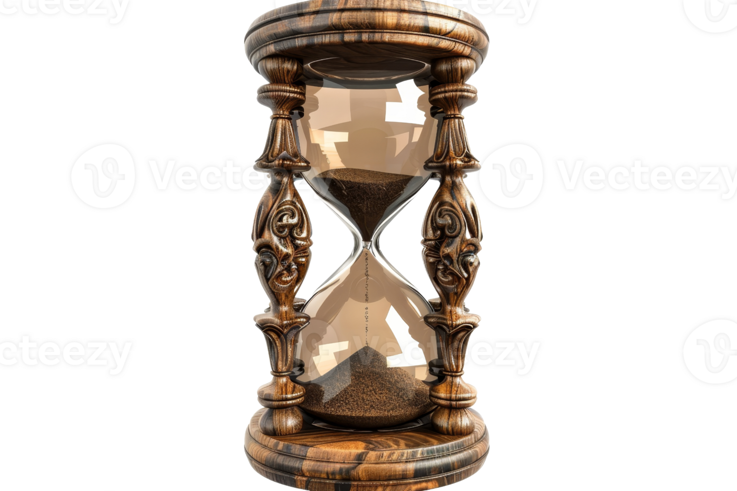 Elegant vintage hourglass with wooden frame and flowing sand, symbolizing time management and passing minutes. Ideal for antique decor. png