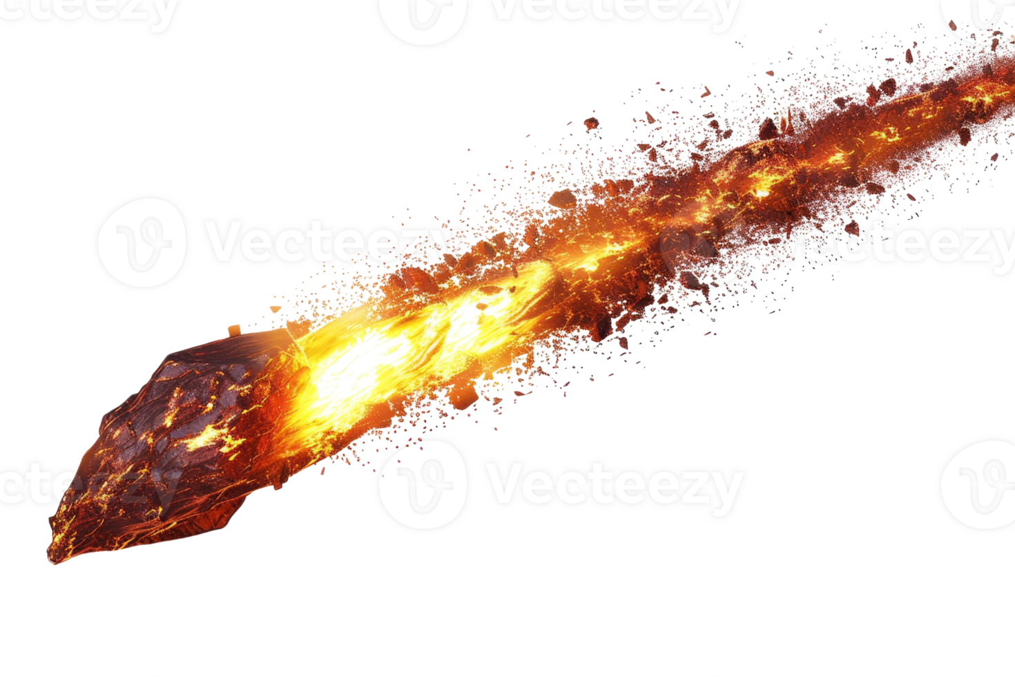 Fiery meteor streaking through the dark sky, blazing trail of fire and smoke, perfect for space and cosmic themed imagery. png