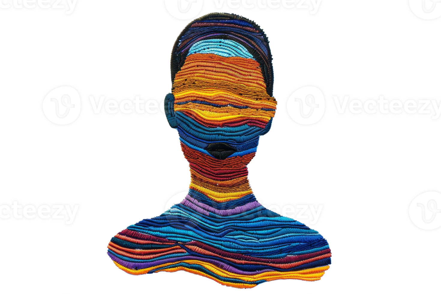 Abstract illustration of a human head composed of colorful, layered stripes with a headset, symbolizing creativity and modern communication. png