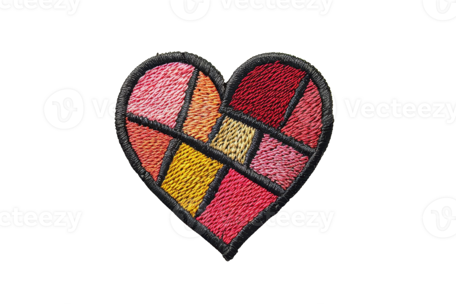 Colorful heart-shaped embroidery patch with geometric patterns, perfect for adding a touch of love and style to any clothing or accessory. png