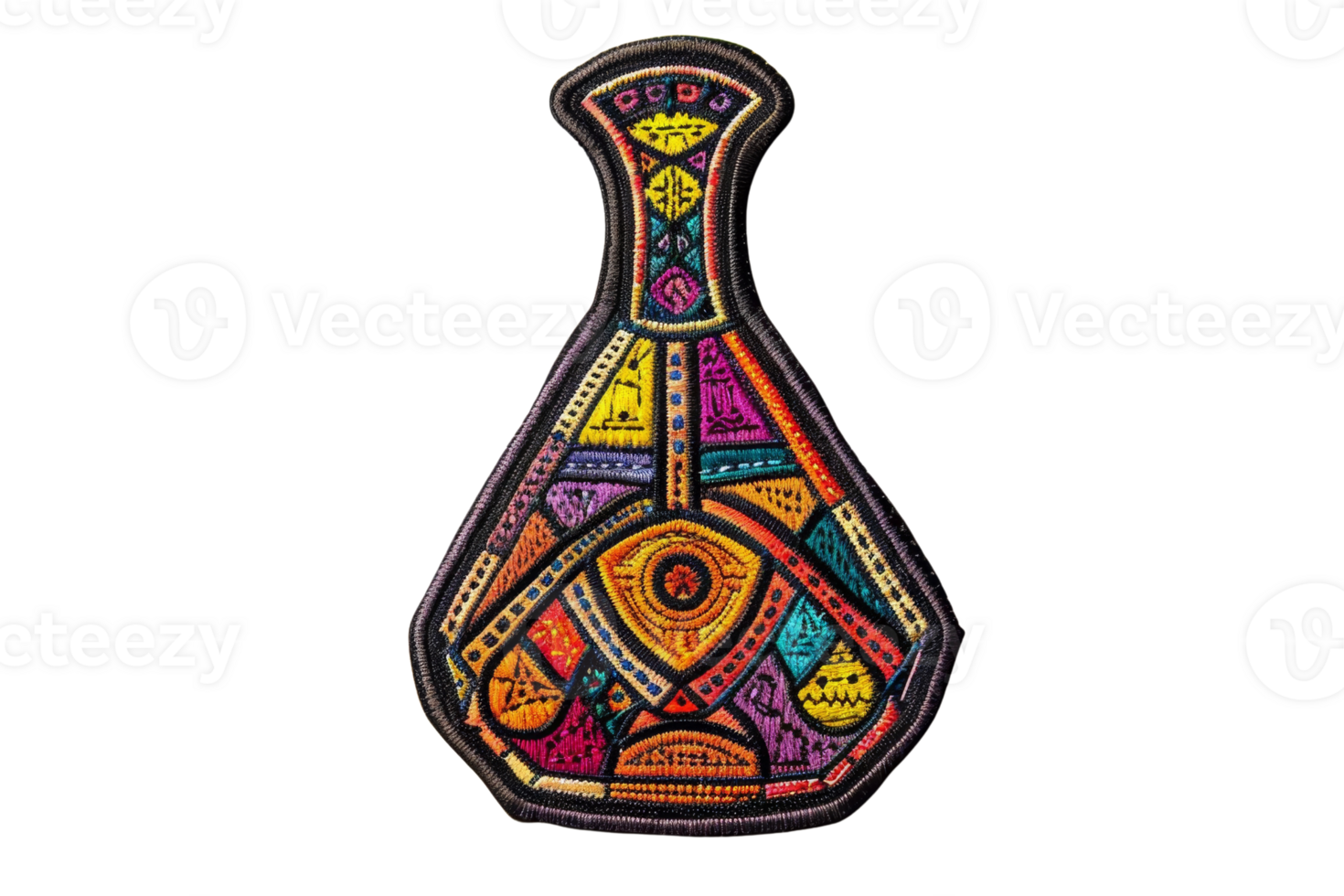 Vibrant, colorful tribal pattern on abstract bottle-shaped fabric patch. Intricate design and unique artwork, perfect for decor and DIY projects. png