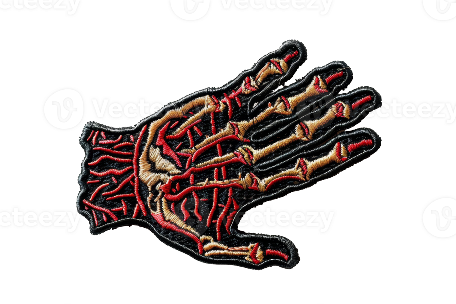 Detailed embroidered hand design with skeletal and vein patterns, perfect for unique clothing patches or artistic projects. png