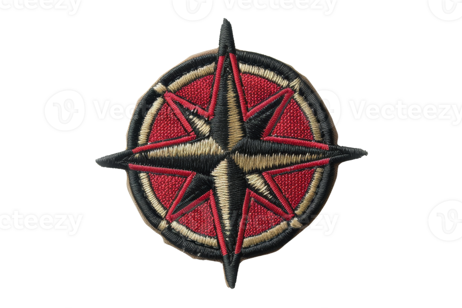 Close-up image of an embroidered compass rose patch with red and black details, isolated on a transparent background. png