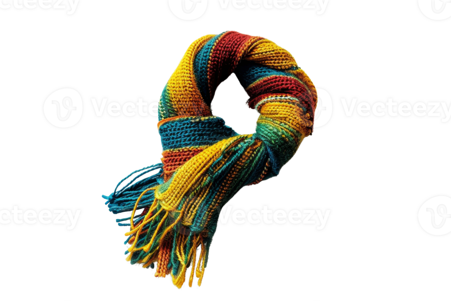 Colorful woven scarf with vibrant blue, yellow, and orange stripes. Perfect for adding warmth and style to any outfit during cold weather. png