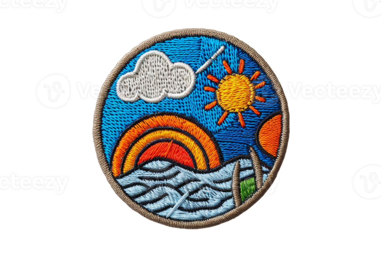 Colorful embroidered patch depicting a sunny landscape with a rainbow, sun, clouds, and waves. Ideal for clothing customization and crafts. png