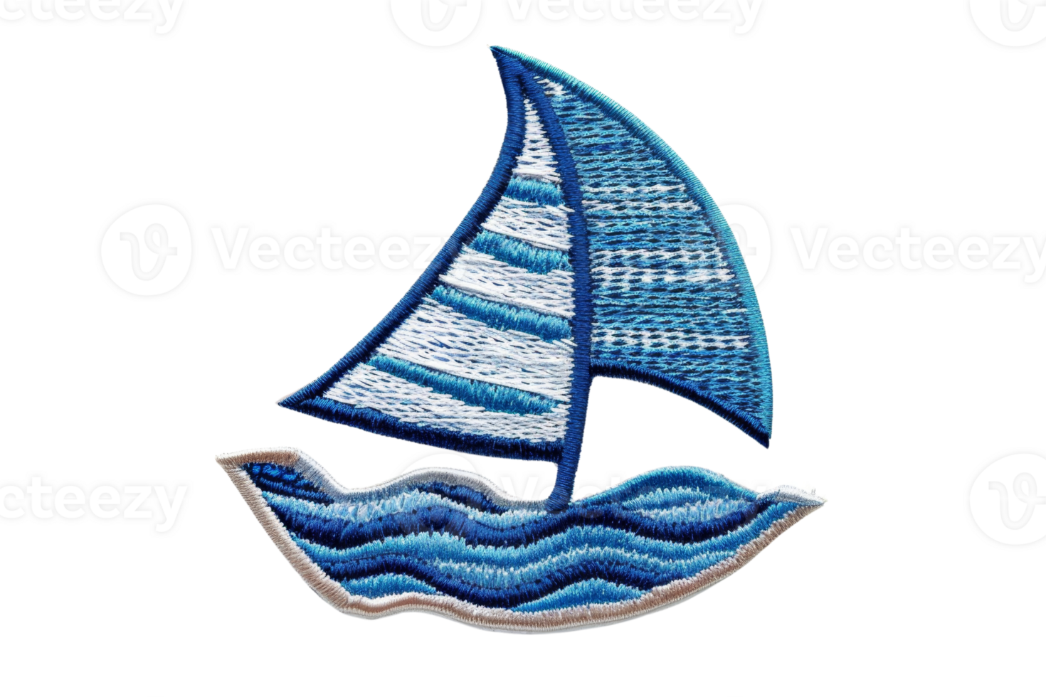 A vibrant embroidered patch featuring a blue sailboat on the water, ideal for customizing clothing, accessories, and nautical-themed projects. png